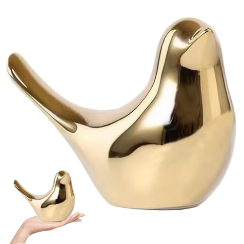 Vogelfiguren aus Keramik, goldenes Vogeldekor, 16,3 x 12,7 x 8,1 cm, kleine Vogelstatue, tragbares goldenes Dekor für Tisch, Regal, Fernsehständer, Zimmer, Zuhause, Vogelstatue, goldenes Dekor, Vogeld