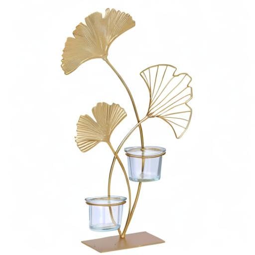 Teelichthalter H34cm Ginkgo Gold Metall Kerzenhalter Kerzenständer Tischdeko Deko Wohndeko