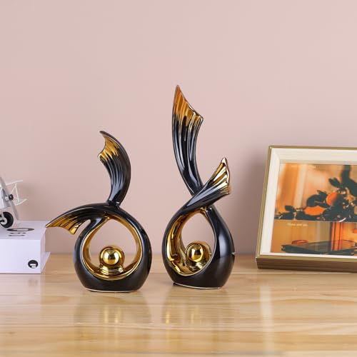 LCCCK Abstrakte Keramikskulptur, Porzellanfigur Im Art-Deco-Stil Akzentdekoration, Schaufigur Für Zuhause – Zeitgenössische Mittelstücke Für TV-Ständer Und Beistelltische (Schwarz und Gold)
