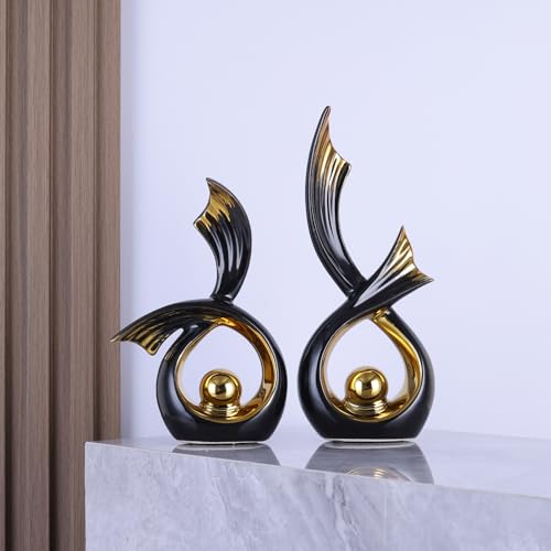 LCCCK Abstrakte Keramikskulptur, Porzellanfigur Im Art-Deco-Stil Akzentdekoration, Schaufigur Für Zuhause – Zeitgenössische Mittelstücke Für TV-Ständer Und Beistelltische (Schwarz und Gold)