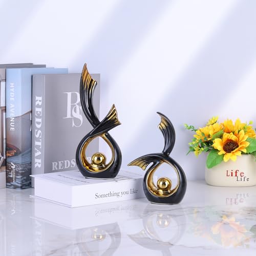 LCCCK Abstrakte Keramikskulptur, Porzellanfigur Im Art-Deco-Stil Akzentdekoration, Schaufigur Für Zuhause – Zeitgenössische Mittelstücke Für TV-Ständer Und Beistelltische (Schwarz und Gold)