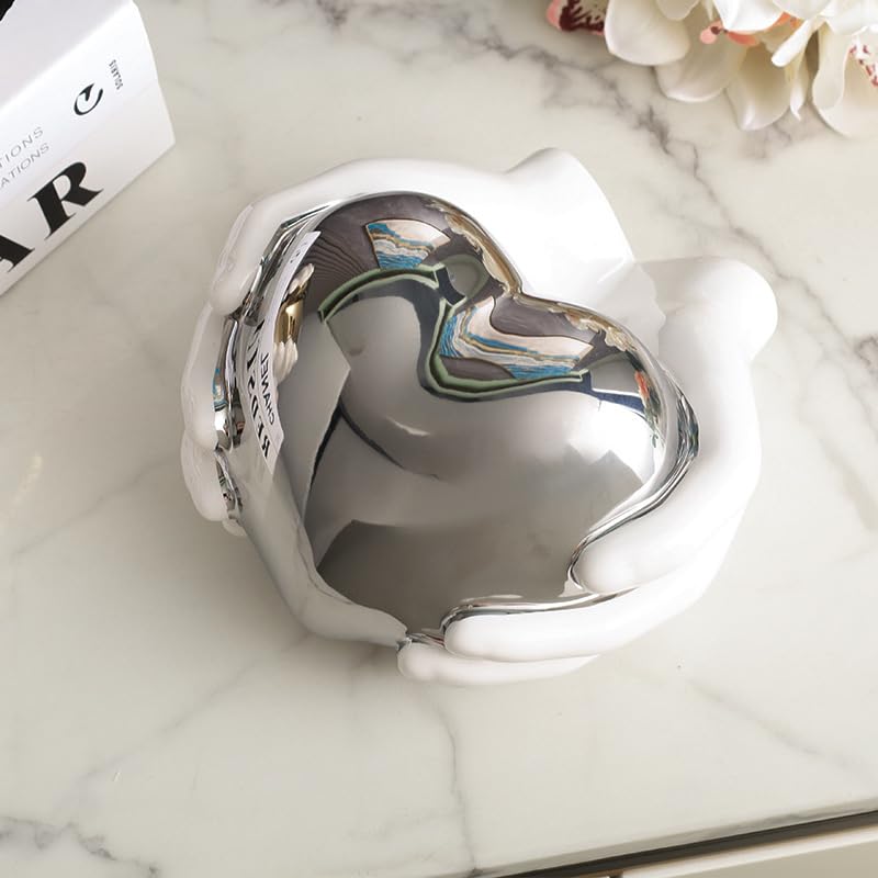 Silber Herz Skulptur aus Keramik - Moderne abstrakte Kunst Dekofigur für Wohnzimmer, Schlafzimmer, Büro - Geschenk der Liebe(Heart-Silver)