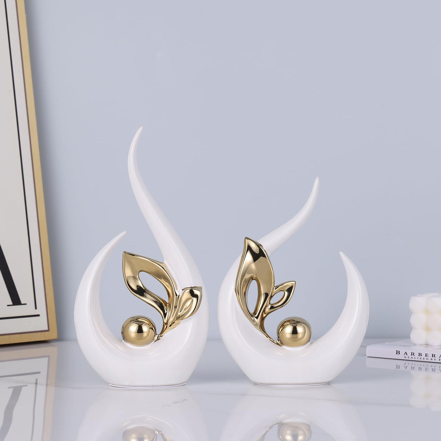 LCCCK Weißgold,abstrakte Skulpturen,Heimdekoration,Keramikkunststatue,coole Sachen zum Aufstellen auf Regalen und TV-Stand-Dekor,Gold-Akzent,Unterhaltungszentrum-Dekor,ideale Kamin,Couchtisch,