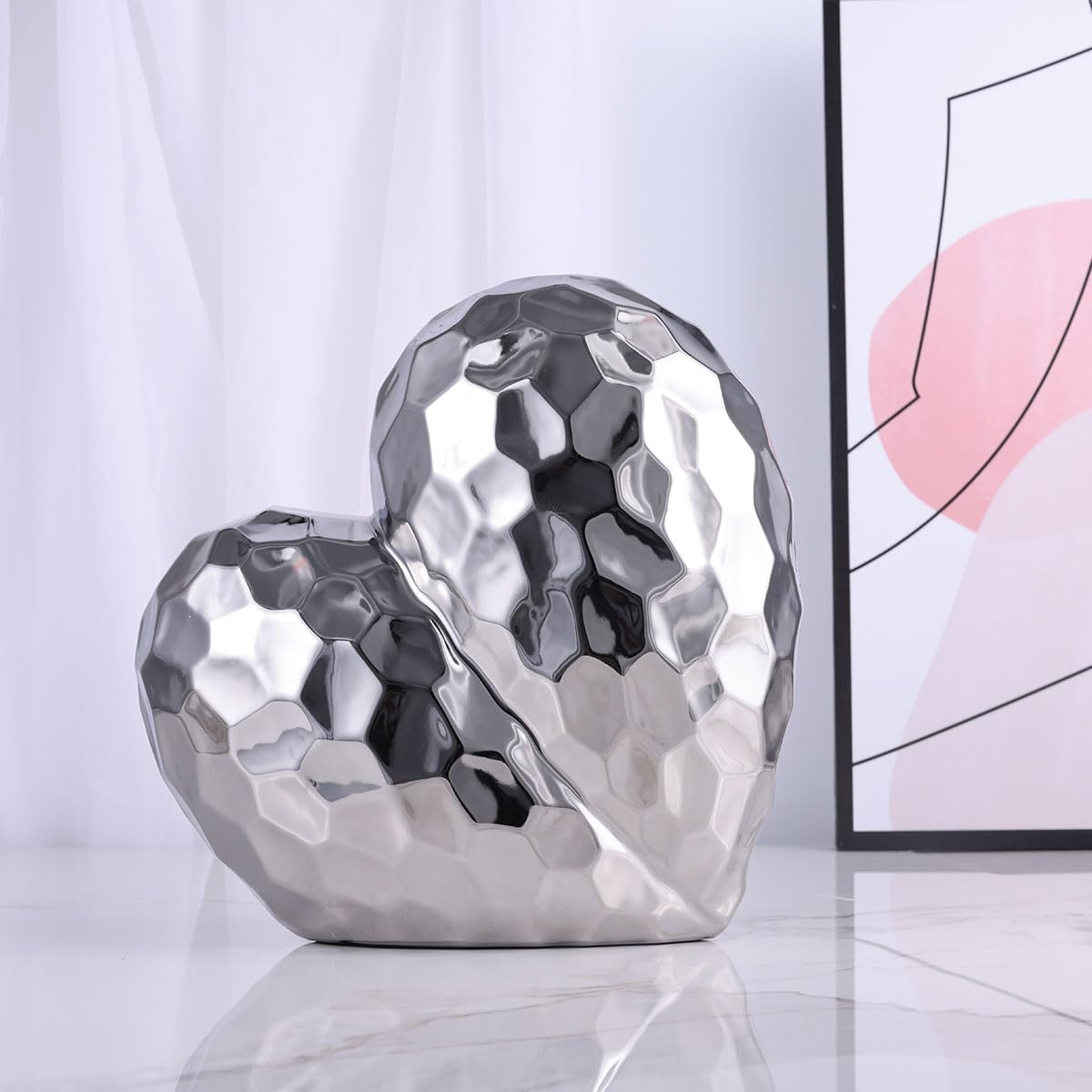 QIANLING Silver Decor Herz-Dekor-Skulptur – zeitgenössische Heimdekoration, Keramik-Herz, dekorativer Tischakzent für Zuhause, Büro, Event-Dekoration – Geschenkidee für Liebe und Romantik