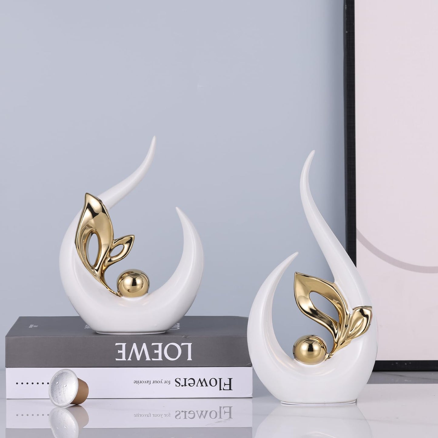 LCCCK Weißgold,abstrakte Skulpturen,Heimdekoration,Keramikkunststatue,coole Sachen zum Aufstellen auf Regalen und TV-Stand-Dekor,Gold-Akzent,Unterhaltungszentrum-Dekor,ideale Kamin,Couchtisch,