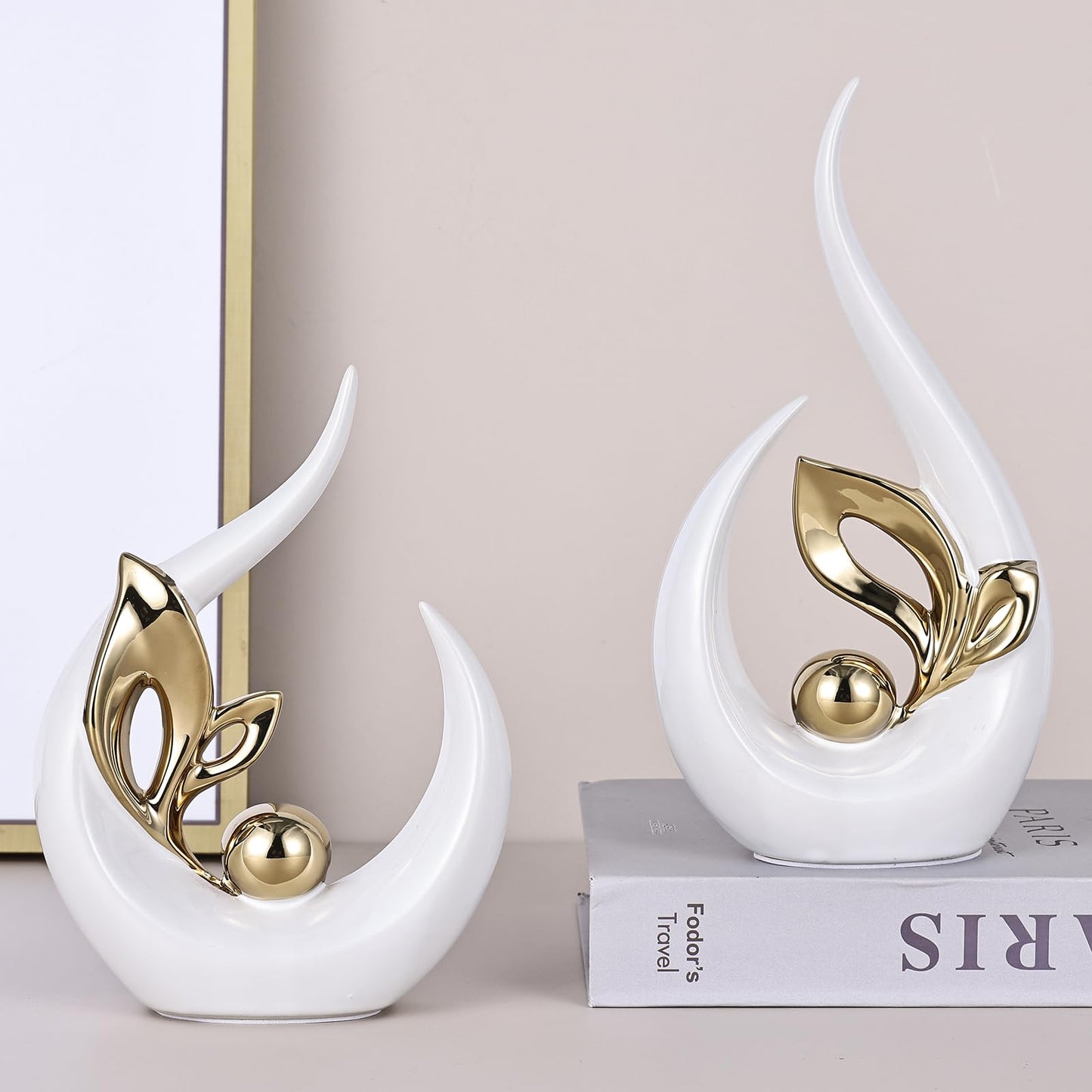 LCCCK Weißgold,abstrakte Skulpturen,Heimdekoration,Keramikkunststatue,coole Sachen zum Aufstellen auf Regalen und TV-Stand-Dekor,Gold-Akzent,Unterhaltungszentrum-Dekor,ideale Kamin,Couchtisch,