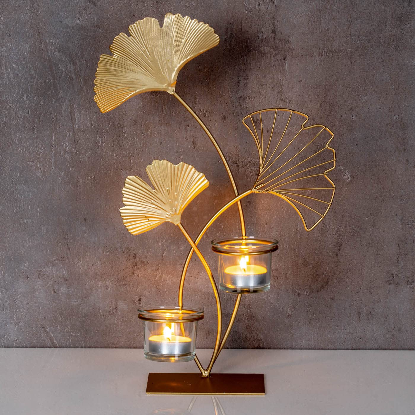Teelichthalter H34cm Ginkgo Gold Metall Kerzenhalter Kerzenständer Tischdeko Deko Wohndeko