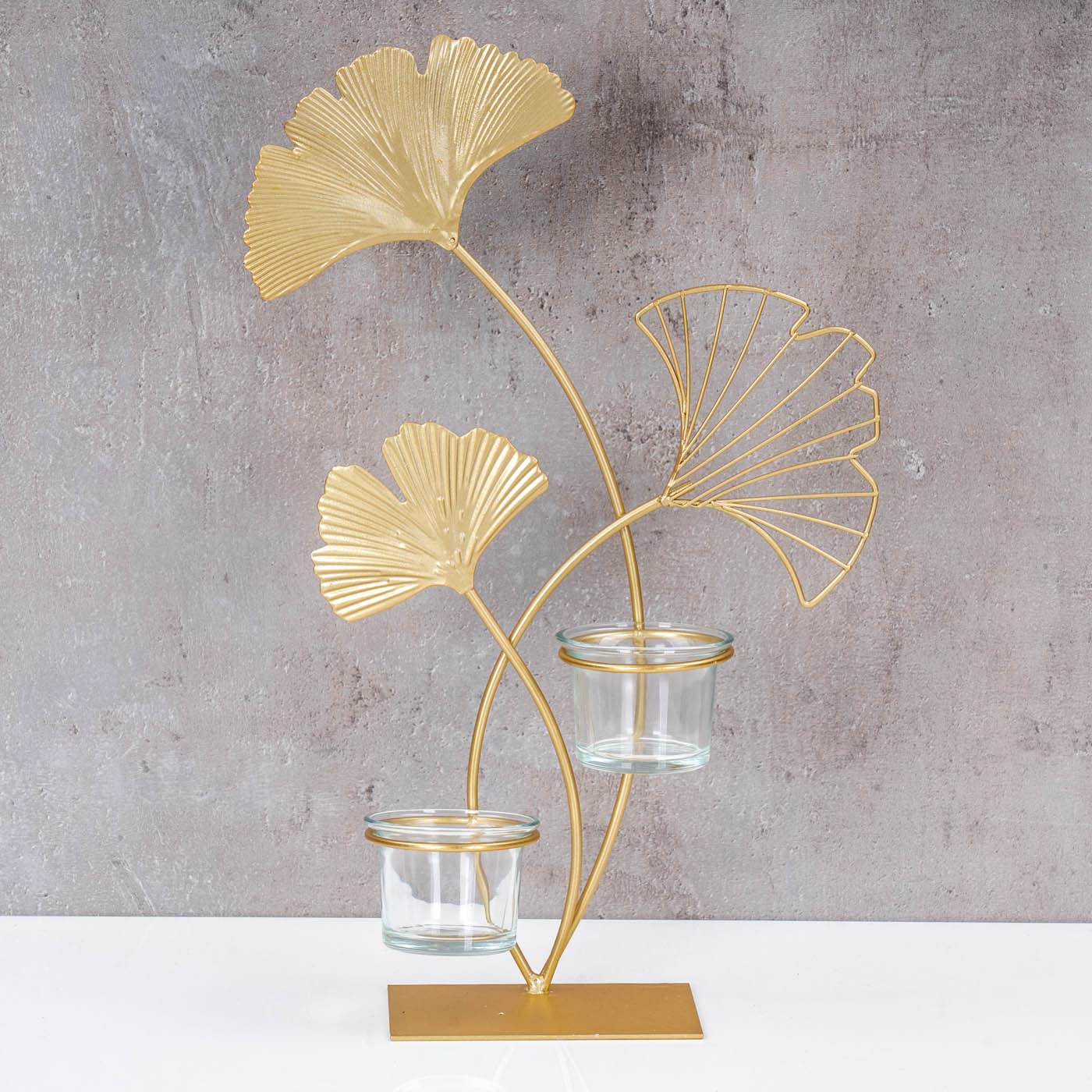 Teelichthalter H34cm Ginkgo Gold Metall Kerzenhalter Kerzenständer Tischdeko Deko Wohndeko