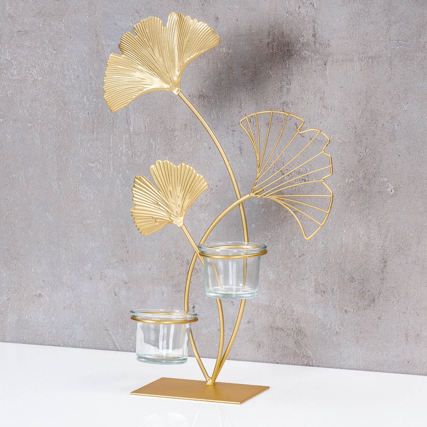Teelichthalter H34cm Ginkgo Gold Metall Kerzenhalter Kerzenständer Tischdeko Deko Wohndeko