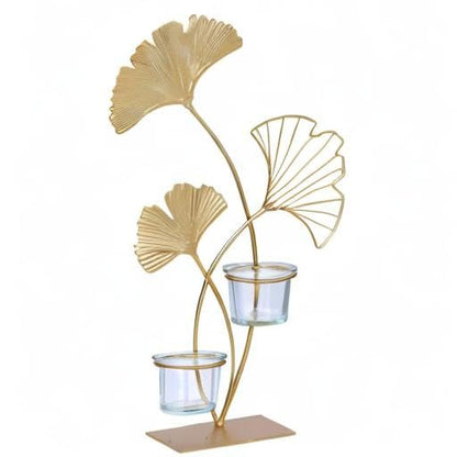 Teelichthalter H34cm Ginkgo Gold Metall Kerzenhalter Kerzenständer Tischdeko Deko Wohndeko