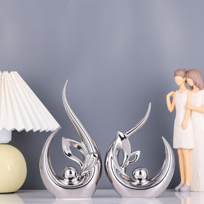 XMGZQ Silber Keramik Statue Satz von 2,Moderne Abstrakte Skulptur Design,24 cm Porzellan Figuren Haus Deko,Tischdekoration für Wohnzimmer,Schlafzimmer,Esszimmer,Büro,Kunststatue