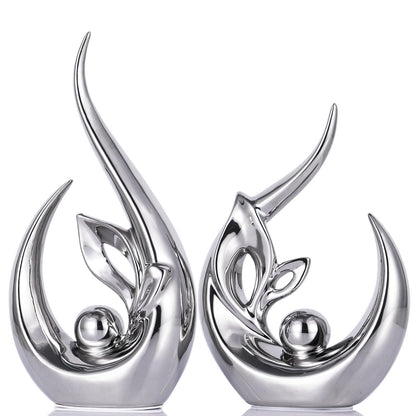 XMGZQ Silber Keramik Statue Satz von 2,Moderne Abstrakte Skulptur Design,24 cm Porzellan Figuren Haus Deko,Tischdekoration für Wohnzimmer,Schlafzimmer,Esszimmer,Büro,Kunststatue