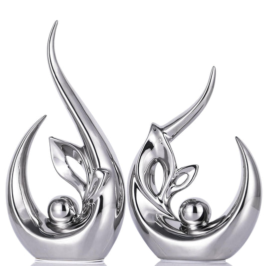 XMGZQ Silber Keramik Statue Satz von 2,Moderne Abstrakte Skulptur Design,24 cm Porzellan Figuren Haus Deko,Tischdekoration für Wohnzimmer,Schlafzimmer,Esszimmer,Büro,Kunststatue