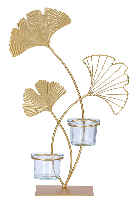 Teelichthalter H34cm Ginkgo Gold Metall Kerzenhalter Kerzenständer Tischdeko Deko Wohndeko